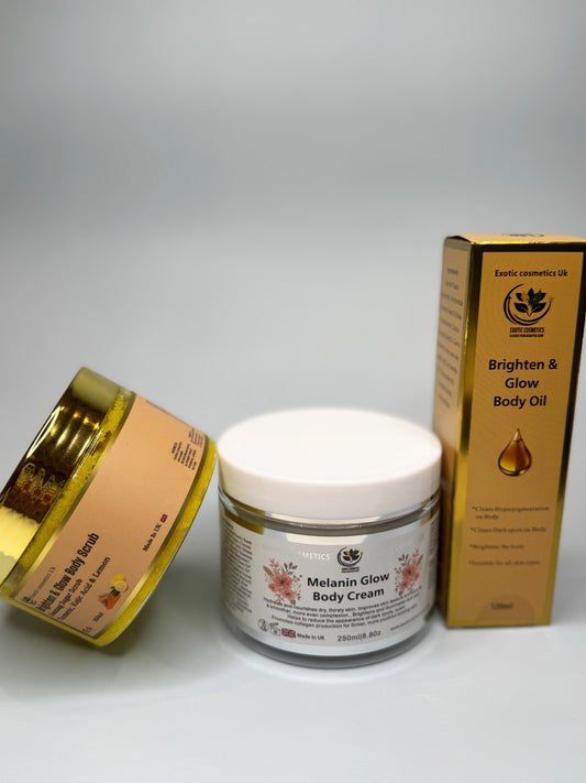 Melanin Glow Body Care Bundle 3in1 Body Scrub Body Oil Body Cream