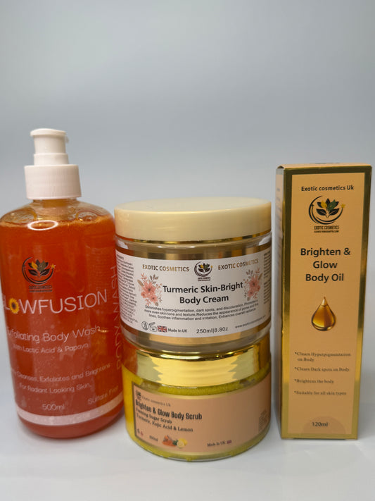 Caramel Perfect Glow Body Care Bundle 4in1 Body Cream Body scrub Body Oil Shower Gel Body wash Skin brightening set