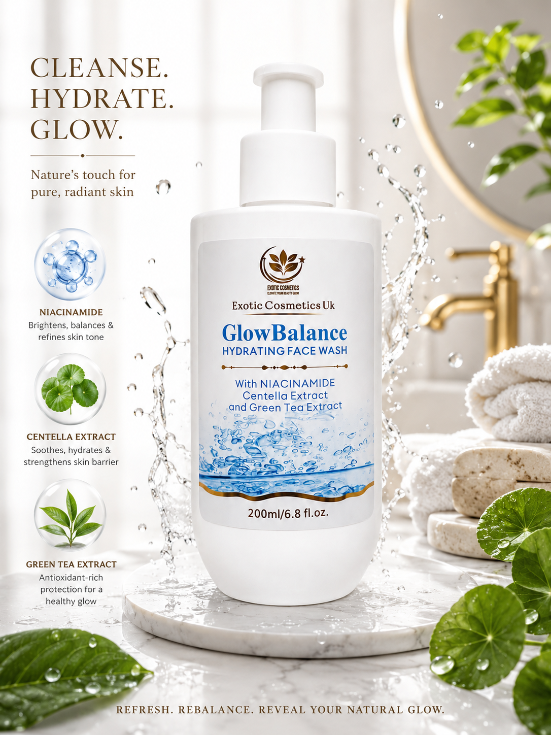 Exotic Cosmetics GlowBalance Hydrating Face Wash with Niacinamide Gree Tea & Centella Extract for Dry Skin Brightening 200ml Facial Facial Cleansing Hydrate Cleanser Moisture Moisturizer Moisturizing
