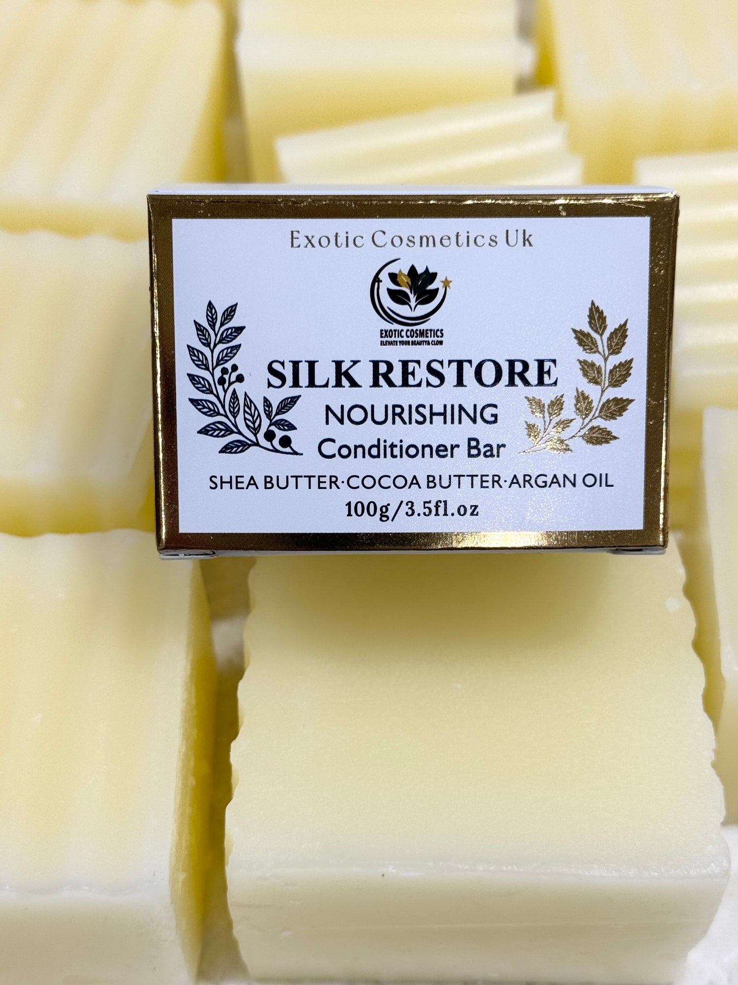 Exotic Cosmetics UK Silk Restore Nourishing Detangling Conditioner Bar with Shea Cocoa Butter Argan Oil for Dry Hair Handmade in the UK Haircare Moisturizer Hydrating Moisture Hydrate