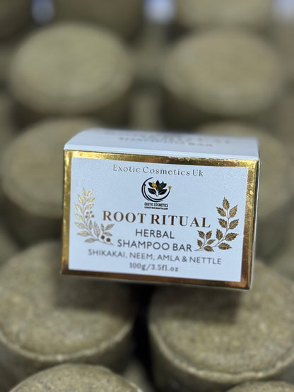 Root Ritual Herbal Shampoo Bar with Shikakai Neem Amla Nettle & Cocoa Butter Natural Silicone Sulphate Free Haircare Growth Cleansing Nourishing Handmade in the UK