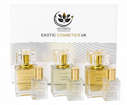 Exotic Cosmetics UK Signature Duo Fragrance Collection 6in1 Gift Set Designer Inspired Perfumes & Oils Iconic Long Lasting Fragrance for Ladies 30ml Perfumes 10ml Perfume Oils