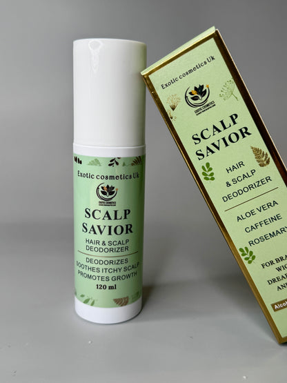 Exotic Cosmetics -Scalp Savior - HaircareHair and Scalp Deodorizer Spray for Braids Wigs Dreadlocks with Aloe Vera Caffeine Rosemary Hydrosol for Hair Growth Scalp Refreshing Anti Itching Odour Eliminating 120ml