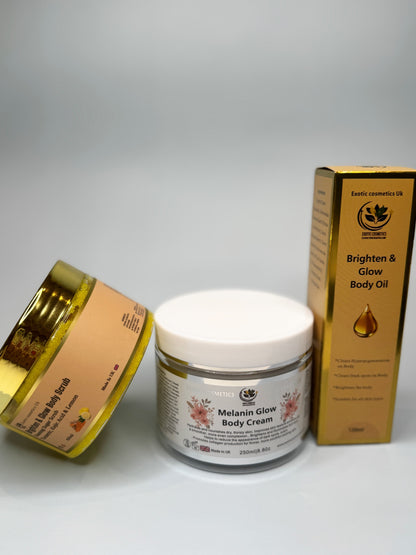 Melanin Glow Body Care Bundle 3in1 Body Scrub Body Oil Body Cream