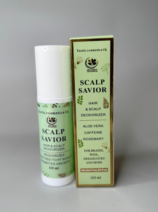 Exotic Cosmetics -Scalp Savior - HaircareHair and Scalp Deodorizer Spray for Braids Wigs Dreadlocks with Aloe Vera Caffeine Rosemary Hydrosol for Hair Growth Scalp Refreshing Anti Itching Odour Eliminating 120ml