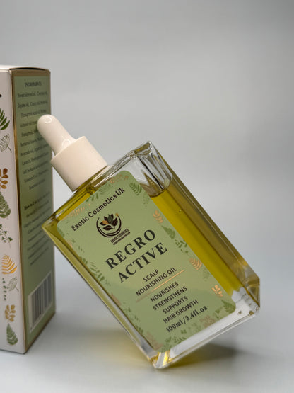 Exotic Cosmetics UK -Retro Active -Herbal Ayurvedic Hair Growth Oil 100ml Nourishes Strengthens Scalp Supports Hair Growth Rosemary Nettle Amla Fenugreek Cloves Shikakai Haircare Avocado Nourishing Jojoba Argan