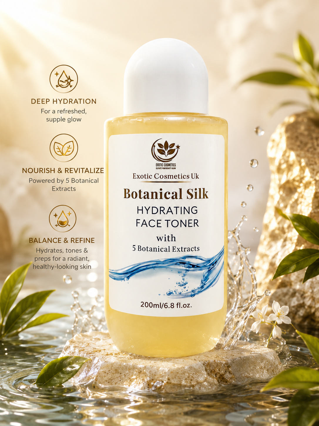 Exotic Cosmetics Botanical Silk Hydrating Face Toner with Centella Calendula Oats Licorice Green Tea Extract for dry skin Dewy skin Mature skin Plump skin 200ml