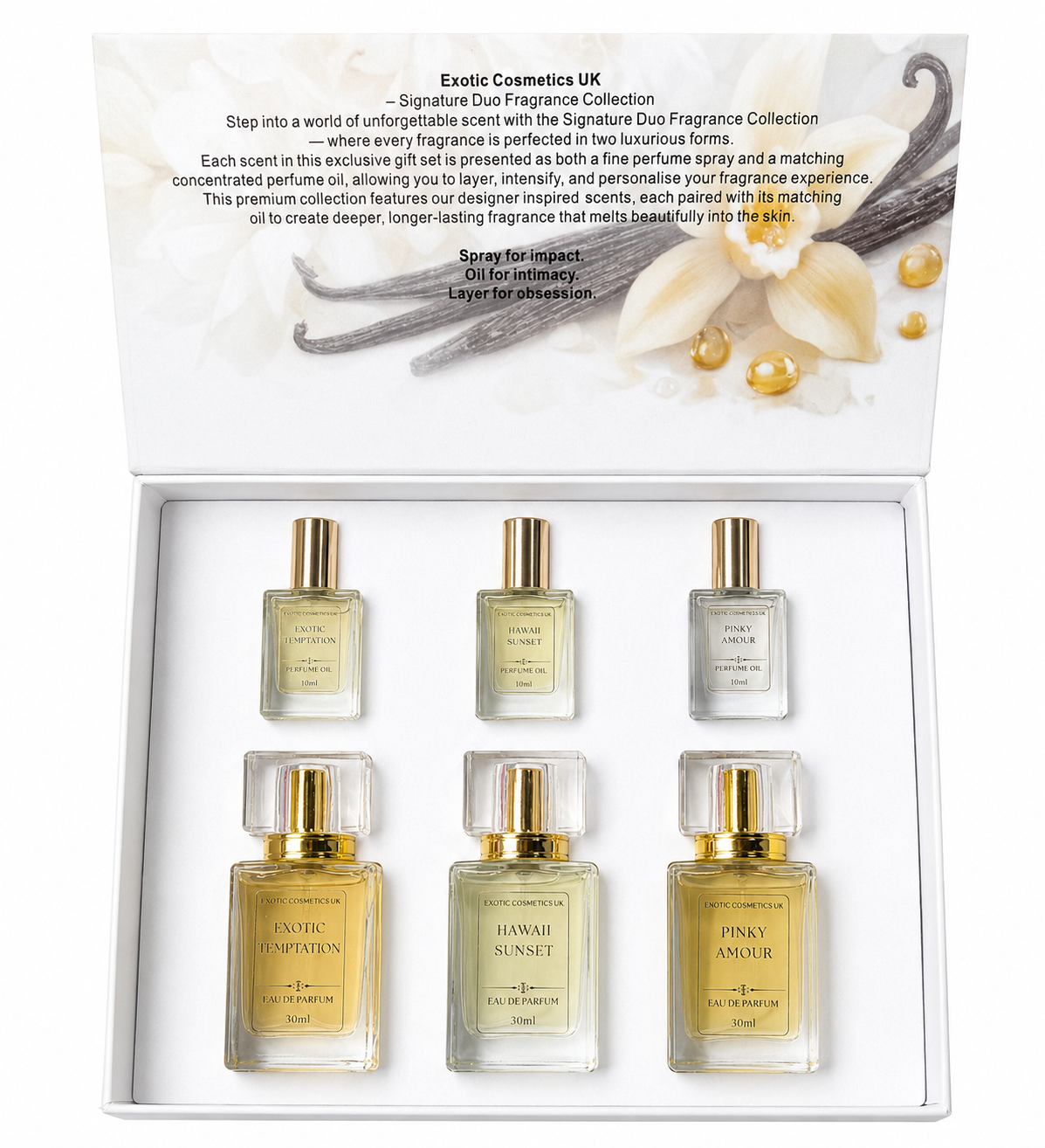 Exotic Cosmetics UK Signature Duo Fragrance Collection 6in1 Gift Set Designer Inspired Perfumes & Oils Iconic Long Lasting Fragrance for Ladies 30ml Perfumes 10ml Perfume Oils