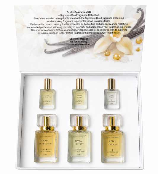 Exotic Cosmetics UK Signature Duo Fragrance Collection 6in1 Gift Set Designer Inspired Perfumes & Oils Iconic Long Lasting Fragrance for Ladies 30ml Perfumes 10ml Perfume Oils