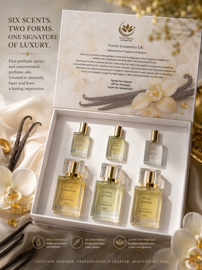 Exotic Cosmetics UK Signature Duo Fragrance Collection 6in1 Gift Set Designer Inspired Perfumes & Oils Iconic Long Lasting Fragrance for Ladies 30ml Perfumes 10ml Perfume Oils