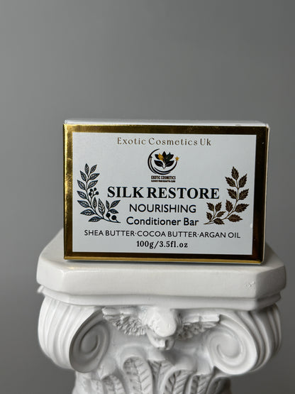 Exotic Cosmetics UK Silk Restore Nourishing Detangling Conditioner Bar with Shea Cocoa Butter Argan Oil for Dry Hair Handmade in the UK Haircare Moisturizer Hydrating Moisture Hydrate