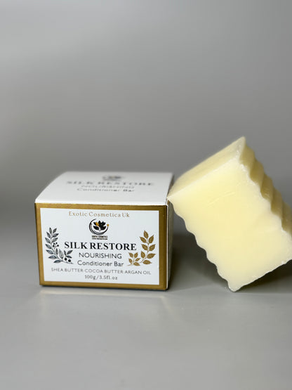 Exotic Cosmetics UK Silk Restore Nourishing Detangling Conditioner Bar with Shea Cocoa Butter Argan Oil for Dry Hair Handmade in the UK Haircare Moisturizer Hydrating Moisture Hydrate