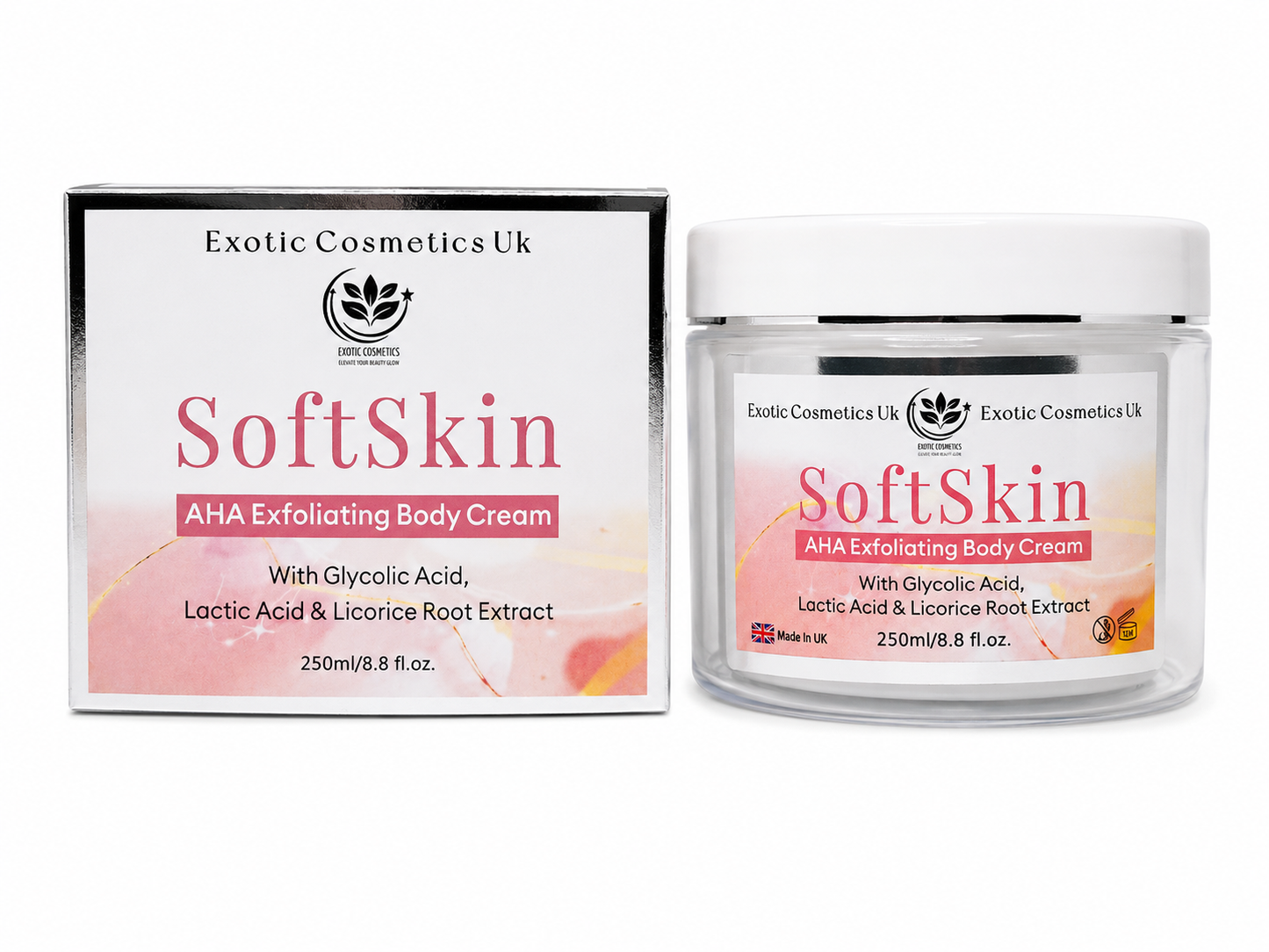 Exotic Cosmetics UK SoftSkin AHA Exfoliating Body Cream with Glycolic Acid Lactic Acid & Licorice Root Extract 250ml/8.8 fl oz