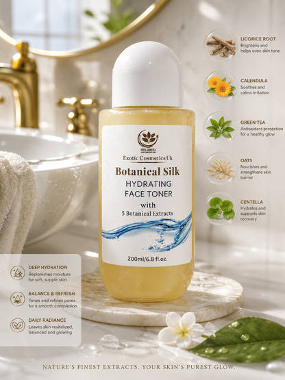 Exotic Cosmetics Botanical Silk Hydrating Face Toner with Centella Calendula Oats Licorice Green Tea Extract for dry skin Dewy skin Mature skin Plump skin 200ml