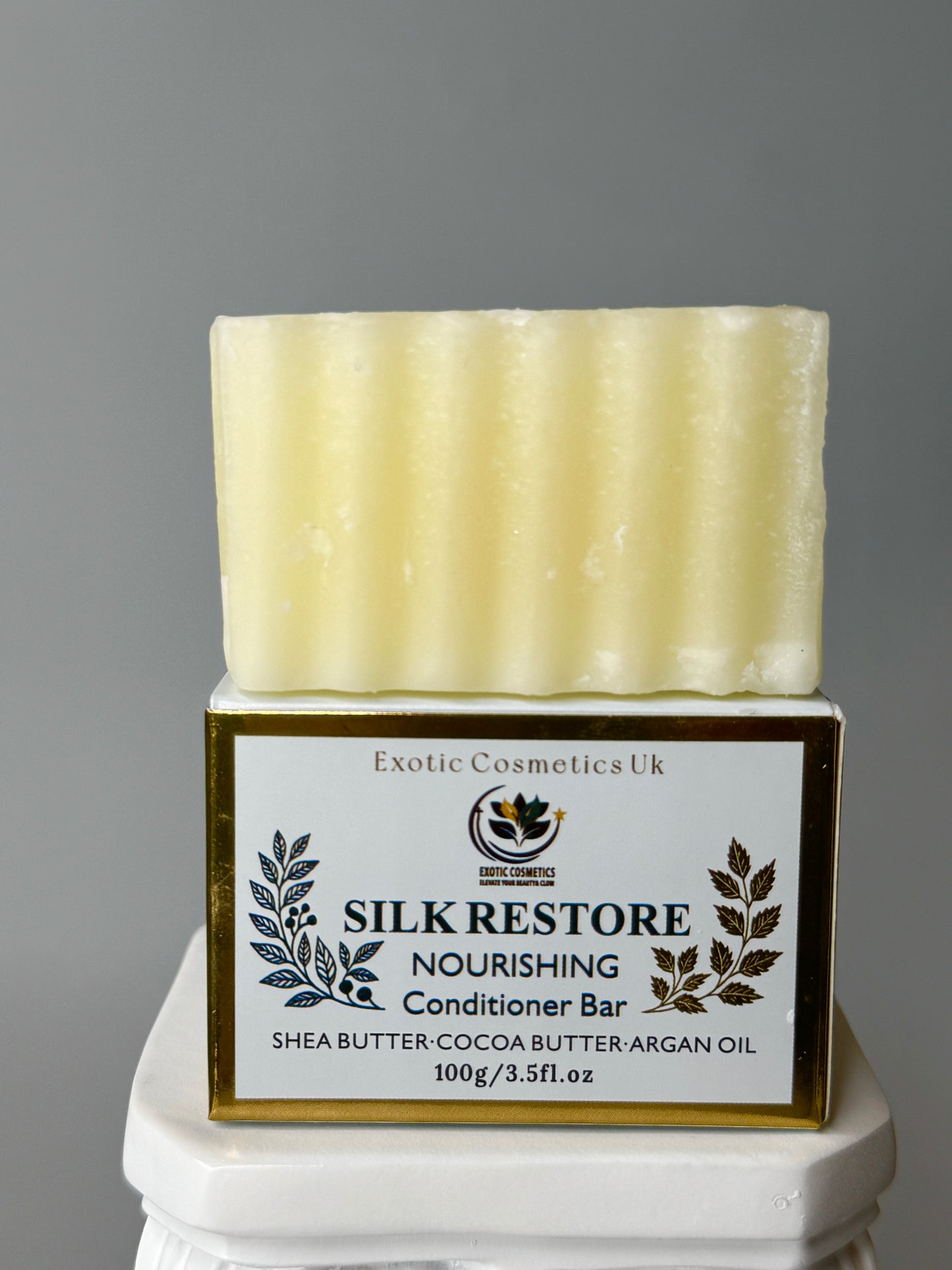 Exotic Cosmetics UK Silk Restore Nourishing Detangling Conditioner Bar with Shea Cocoa Butter Argan Oil for Dry Hair Handmade in the UK Haircare Moisturizer Hydrating Moisture Hydrate
