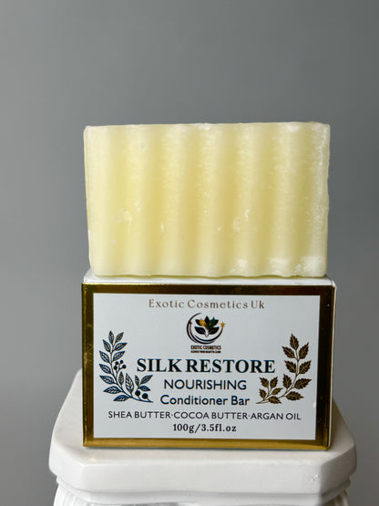 Exotic Cosmetics UK Silk Restore Nourishing Detangling Conditioner Bar with Shea Cocoa Butter Argan Oil for Dry Hair Handmade in the UK Haircare Moisturizer Hydrating Moisture Hydrate