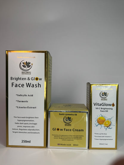 Melanin Glow Face Care Bundle 3in1 Face Wash Serum Face Cream Products for Women with brown skin chocolate skin tone Acne prone skin Brightening face products Hyperpigmentation Skin Care