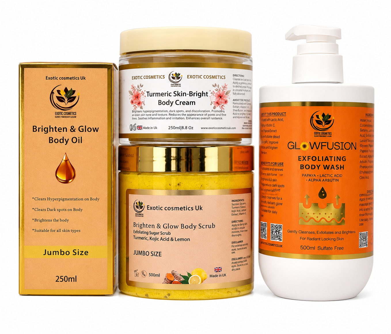 JUMBO EDITION-Caramel Perfect Glow Body care Bundle 4in1 -Body Scrub, Body Oil, Body cream Body wash. Turmeric body scrub Brighten and Glow body oil, Turmeric body cream and Papaya Lactic acid body wash