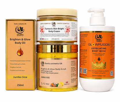 JUMBO EDITION-Caramel Perfect Glow Body care Bundle 4in1 -Body Scrub, Body Oil, Body cream Body wash. Turmeric body scrub Brighten and Glow body oil, Turmeric body cream and Papaya Lactic acid body wash