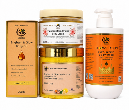 JUMBO EDITION-Caramel Perfect Glow Body care Bundle 4in1 -Body Scrub, Body Oil, Body cream Body wash. Turmeric body scrub Brighten and Glow body oil, Turmeric body cream and Papaya Lactic acid body wash