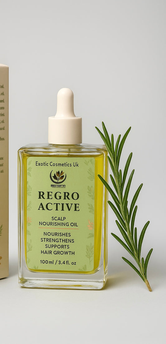 Exotic Cosmetics UK -Retro Active -Herbal Ayurvedic Hair Growth Oil 100ml Nourishes Strengthens Scalp Supports Hair Growth Rosemary Nettle Amla Fenugreek Cloves Shikakai Haircare Avocado Nourishing Jojoba Argan