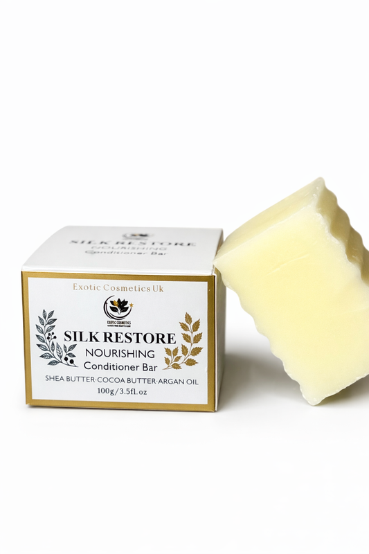 Exotic Cosmetics UK Silk Restore Nourishing Detangling Conditioner Bar with Shea Cocoa Butter Argan Oil for Dry Hair Handmade in the UK Haircare Moisturizer Hydrating Moisture Hydrate