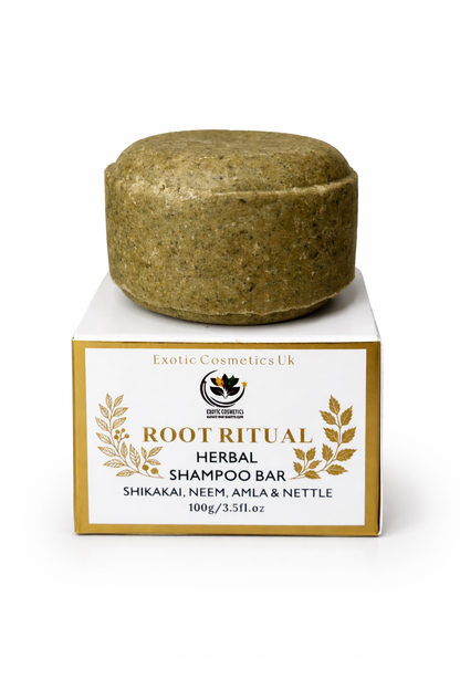 Root Ritual Herbal Shampoo Bar with Shikakai Neem Amla Nettle & Cocoa Butter Natural Silicone Sulphate Free Haircare Growth Cleansing Nourishing Handmade in the UK