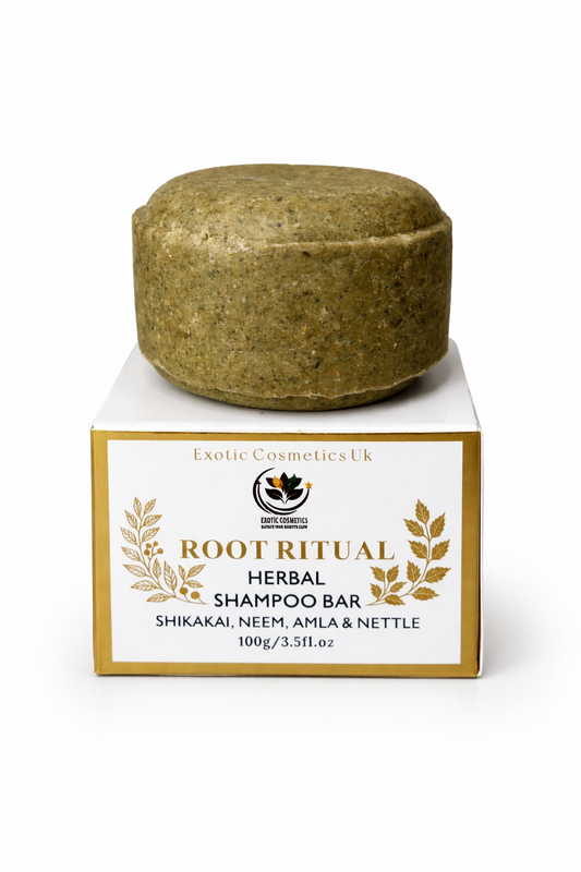Root Ritual Herbal Shampoo Bar with Shikakai Neem Amla Nettle & Cocoa Butter Natural Silicone Sulphate Free Haircare Growth Cleansing Nourishing Handmade in the UK