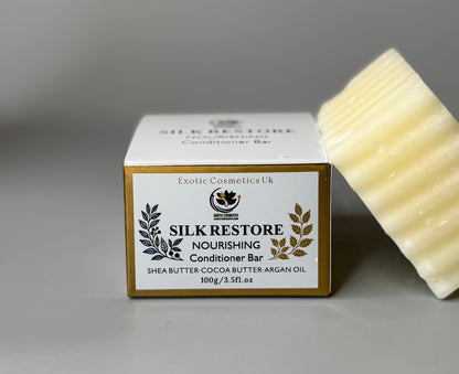 Exotic Cosmetics UK Silk Restore Nourishing Detangling Conditioner Bar with Shea Cocoa Butter Argan Oil for Dry Hair Handmade in the UK Haircare Moisturizer Hydrating Moisture Hydrate