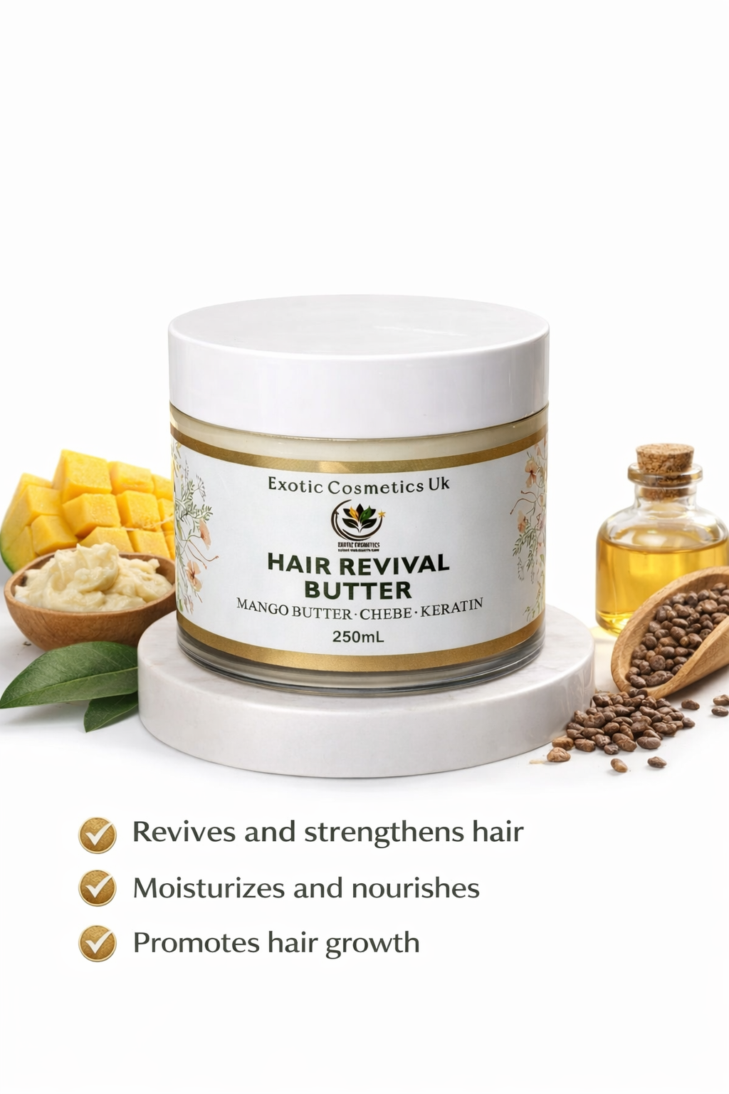 Exotic Cosmetics-Hair Revival Butter -with Mango Butter Chebe Keratin Shea Butter Rosemary Horsetail Cloves Herbal Infusion for Hair Growth Nutrition 250mL Haircare
