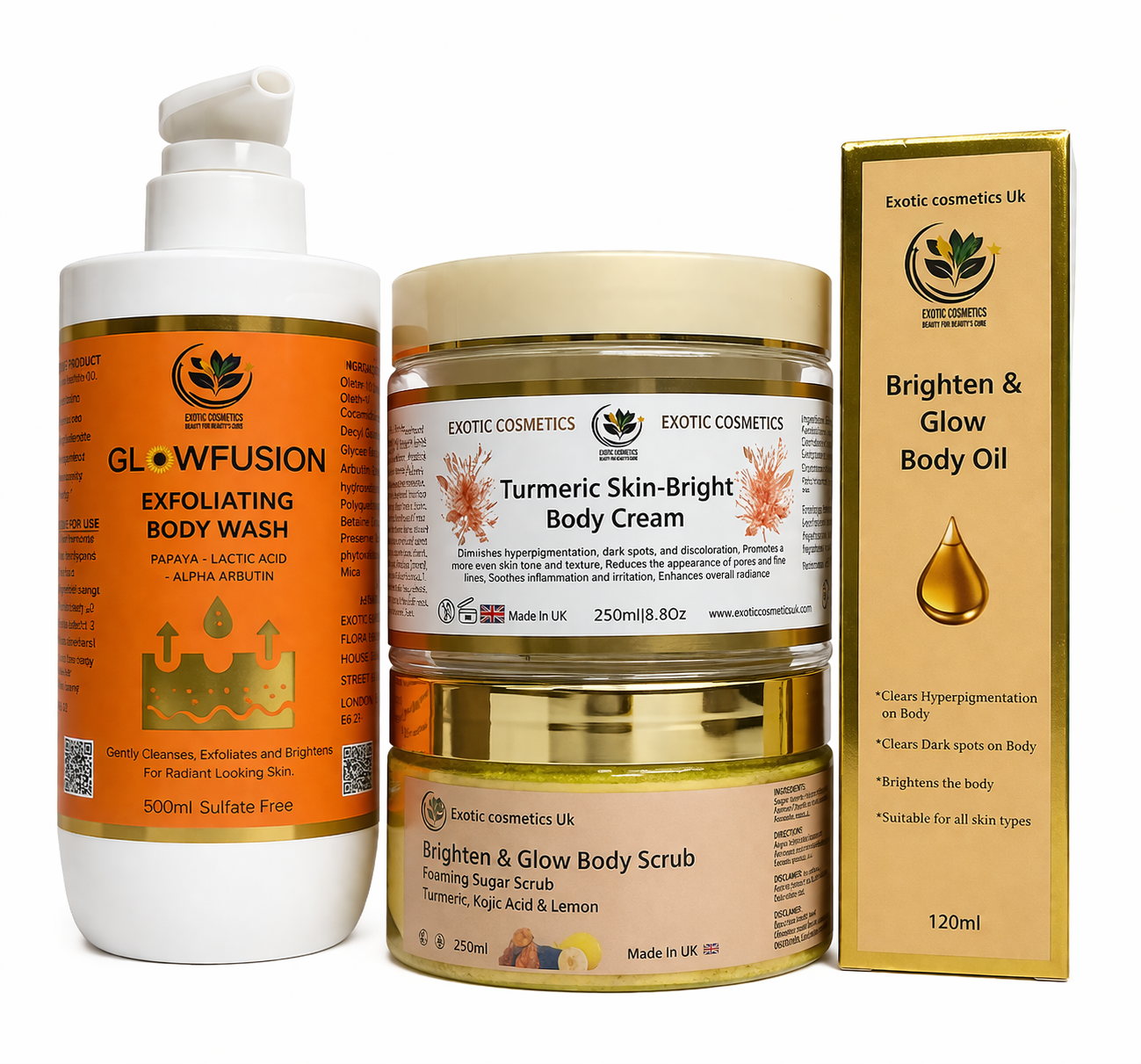 Caramel Perfect Glow Body Care Bundle 4in1 Body Cream Body scrub Body Oil Shower Gel Body wash Skin brightening set