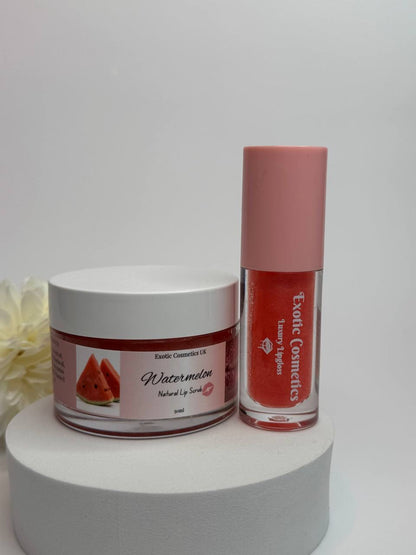 Watermelon Lip Scrub and Lipgloss bundle for smooth soft lips