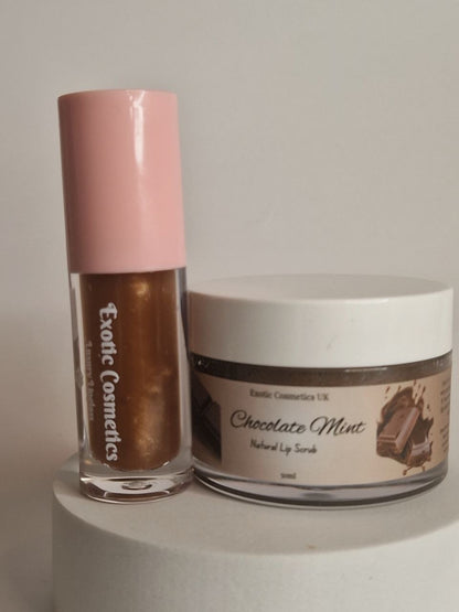 Chocolate Mint lip care bundle with chocolate mint lip scrub and chocolate mint lipgloss for soft smooth lips
