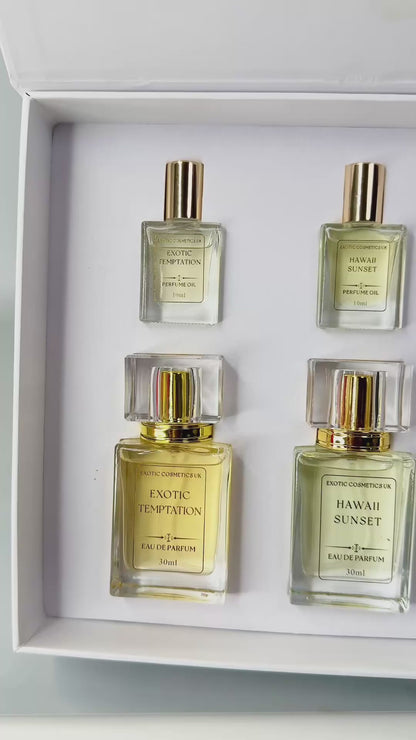 Exotic Cosmetics UK Signature Duo Fragrance Collection 6in1 Gift Set Designer Inspired Perfumes & Oils Iconic Long Lasting Fragrance for Ladies 30ml Perfumes 10ml Perfume Oils