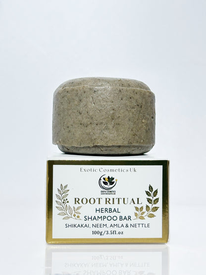 Root Ritual Herbal Shampoo Bar with Shikakai Neem Amla Nettle & Cocoa Butter Natural Silicone Sulphate Free Haircare Growth Cleansing Nourishing Handmade in the UK