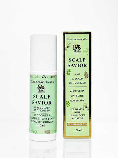 Exotic Cosmetics -Scalp Savior - HaircareHair and Scalp Deodorizer Spray for Braids Wigs Dreadlocks with Aloe Vera Caffeine Rosemary Hydrosol for Hair Growth Scalp Refreshing Anti Itching Odour Eliminating 120ml