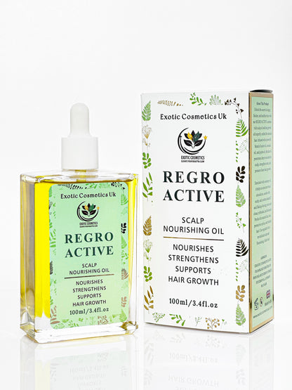 Exotic Cosmetics UK -Retro Active -Herbal Ayurvedic Hair Growth Oil 100ml Nourishes Strengthens Scalp Supports Hair Growth Rosemary Nettle Amla Fenugreek Cloves Shikakai Haircare Avocado Nourishing Jojoba Argan
