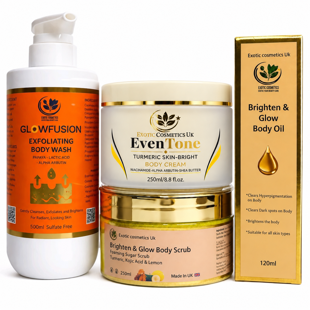 Caramel Perfect Glow Body Care Bundle 4in1 Body Cream Body scrub Body Oil Shower Gel Body wash Skin brightening set