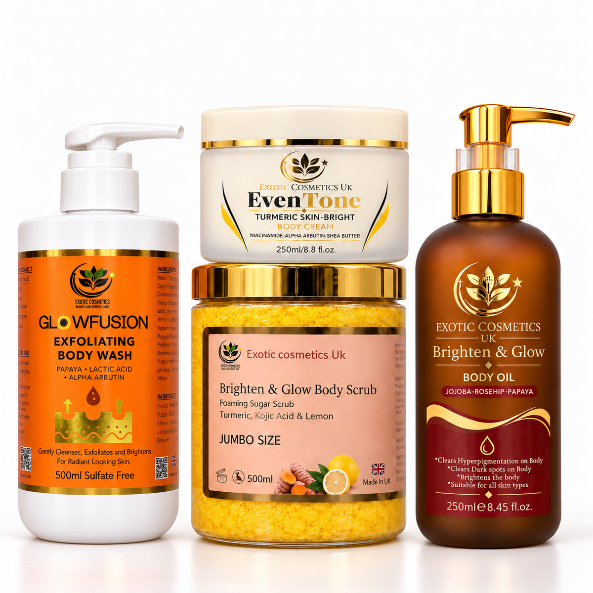 JUMBO EDITION-Caramel Perfect Glow Body care Bundle 4in1 -Body Scrub, Body Oil, Body cream Body wash. Turmeric body scrub Brighten and Glow body oil, Turmeric body cream and Papaya Lactic acid body wash