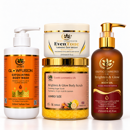 JUMBO EDITION-Caramel Perfect Glow Body care Bundle 4in1 -Body Scrub, Body Oil, Body cream Body wash. Turmeric body scrub Brighten and Glow body oil, Turmeric body cream and Papaya Lactic acid body wash