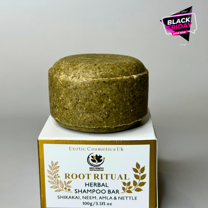 Root Ritual Herbal Shampoo Bar with Shikakai Neem Amla Nettle & Cocoa Butter Natural Silicone Sulphate Free Haircare Growth Cleansing Nourishing Handmade in the UK